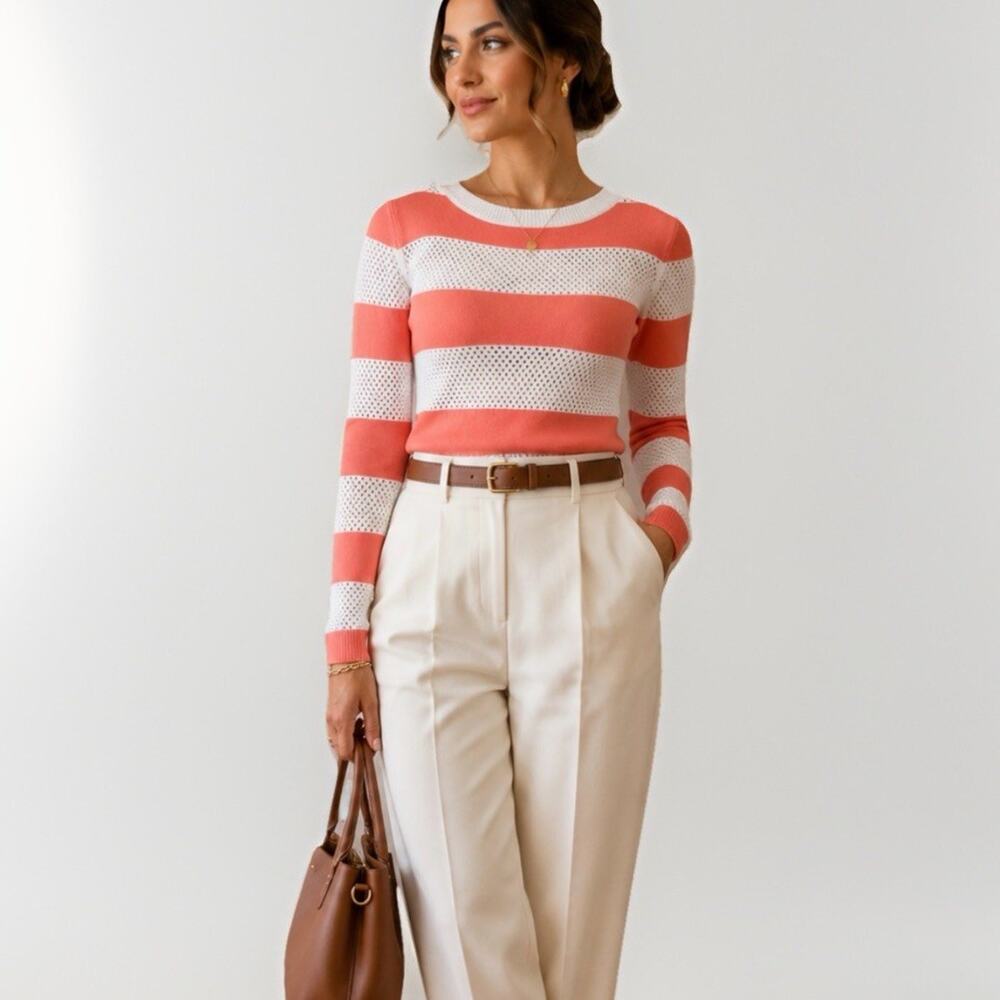 Express Coral White Striped Sweater Size XS Open Knit Lightweight Preppy